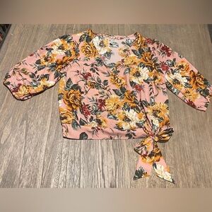 Xhilaration Floral Wrap Blouse - Pink and Yellow, Size Small